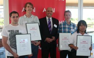 Four of the six graduating apprentices Nicholas Alderton, Tyrone Pereth, Michael Rogan and Victor Ampo with AAMI&rsquo;s Michael Finlay (centre).